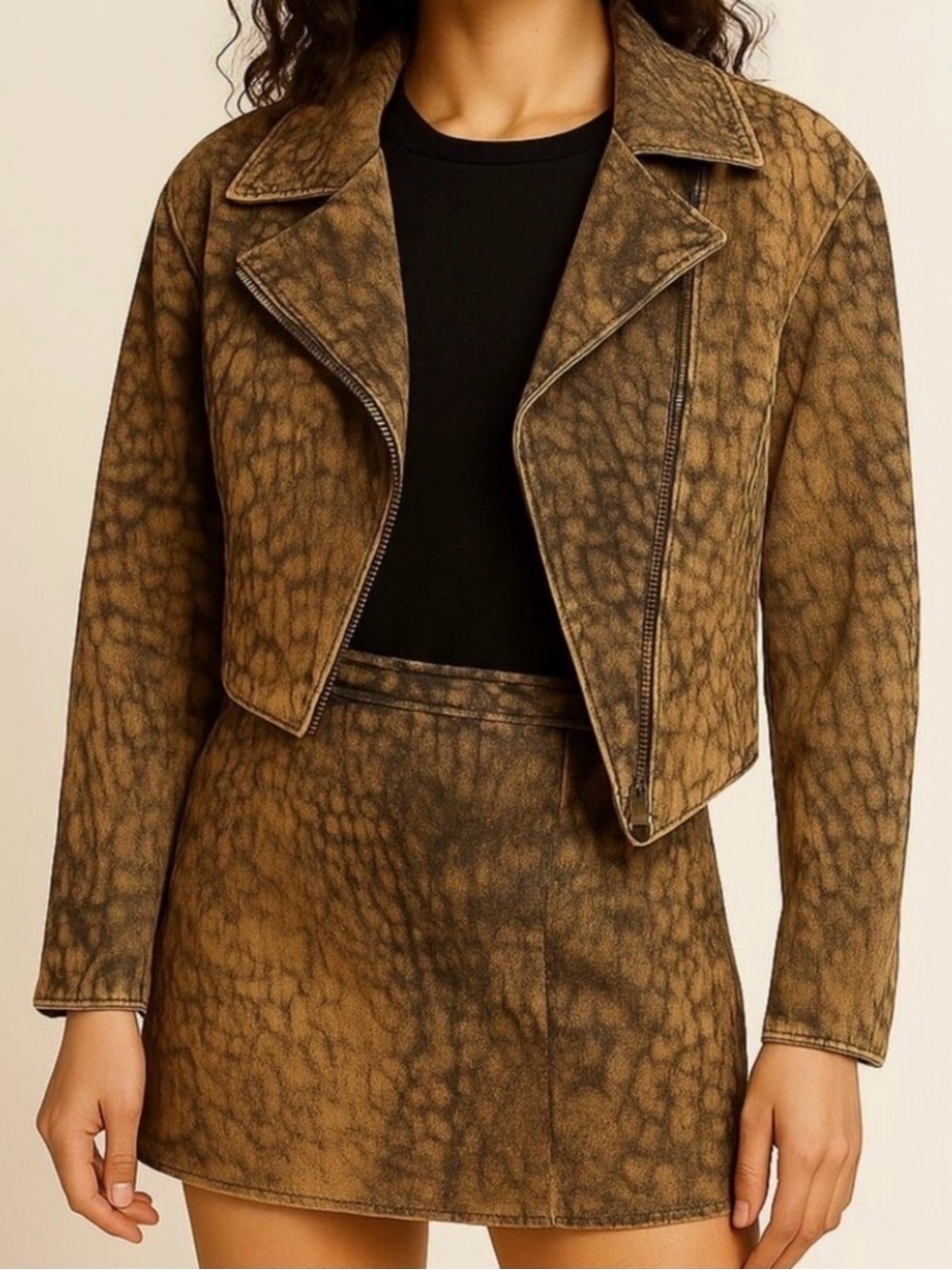 Philip Noel 100% Genuine Leather Cropped Jacket & Skirt Set